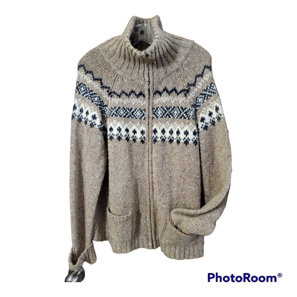 𝅺VINTAGE tan nordic pattern knit zip front sweater cardigan*